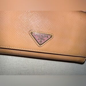 Prada Peach Saffiano Leather Clutch with Pink Logo Plaque